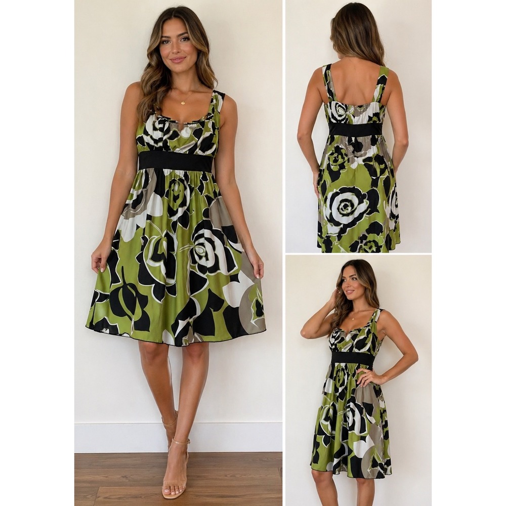 La Belle Dress Womens Large Green Brown Floral Short Square Neck Fit & Flare